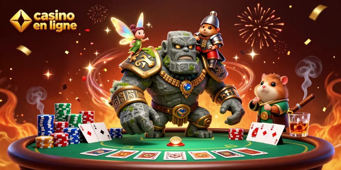 Illustration captivante représentant un golem de casino en ligne avec des cartes de poker et des jetons colorés.