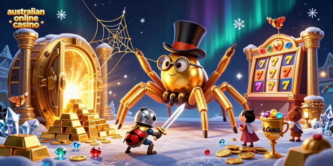 Engage with the adventure at the australian online casino as the giant tarantula weaves a golden web amidst dazzling treasures.