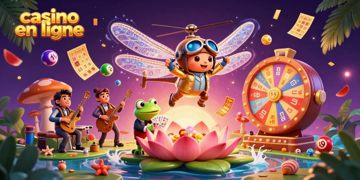 Venez découvrir le monde captivant du casino en ligne avec ce pilote libellule et un croupier grenouille.