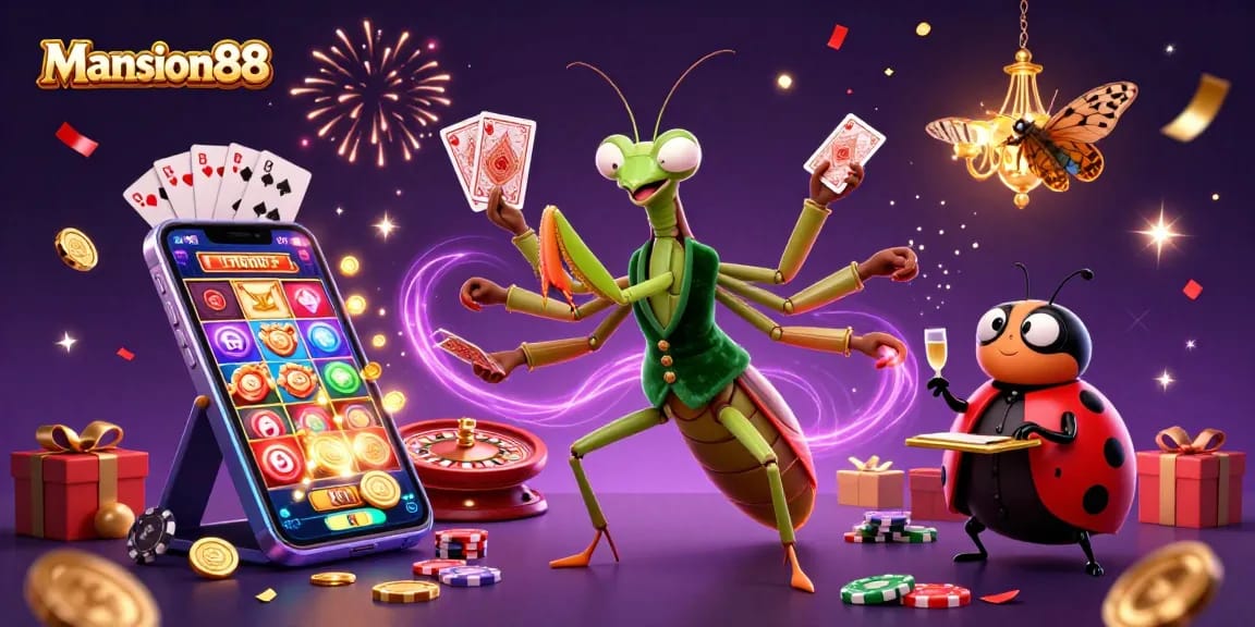 Mansion88's dynamic casino scene with a giant praying mantis card sharp, ladybug pit boss, and vibrant slot game elements.