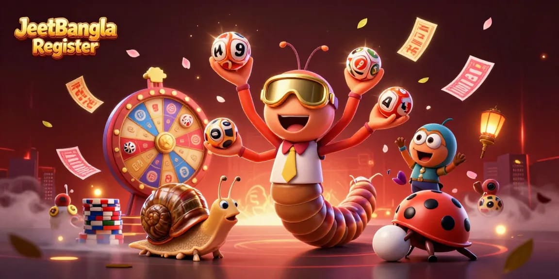 Engage in lotteries with JeetBangla Register, featuring a whimsical scene of characters interacting with vibrant lottery elements.