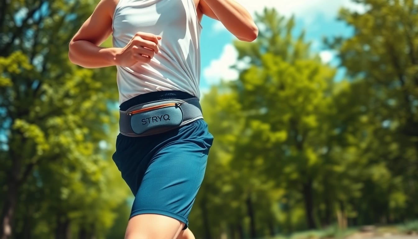 Racer showcasing the STRYQ running belt during an outdoor run, highlighting its ergonomic design.