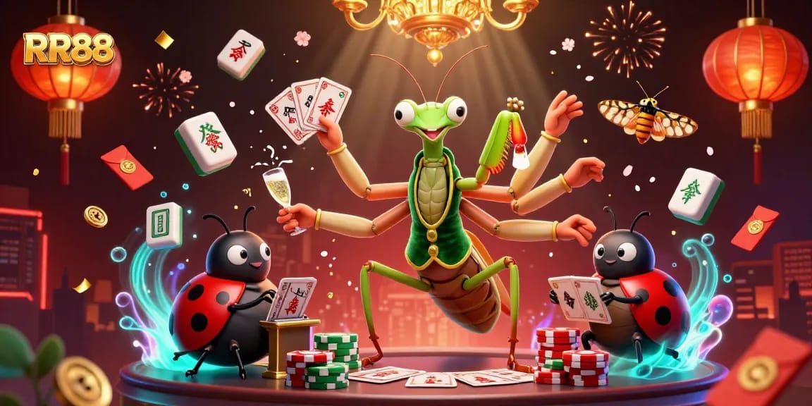 Engage with RR88's vibrant casino world as a giant mantis and ladybug uphold the thrill of gaming.