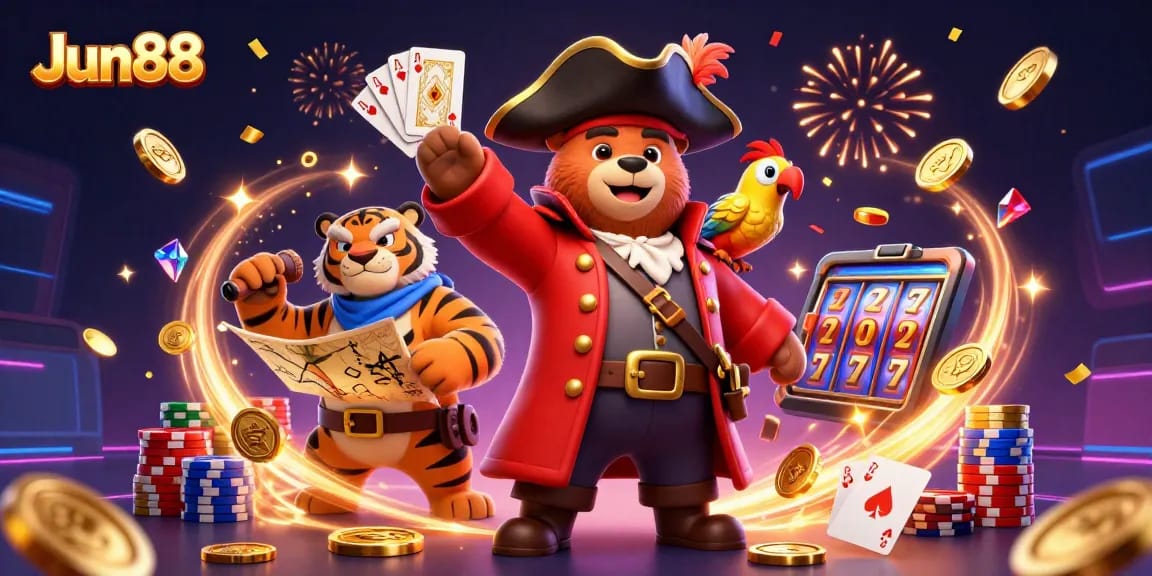 Jun88 offers exciting gaming experiences with vibrant cartoon pirates and rich casino elements.