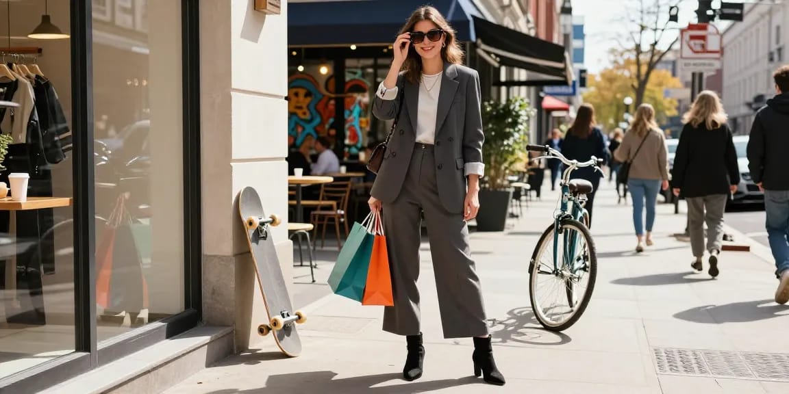 Stylish woman cheered by un consulente d'immagine, con occhiali e shopping bags in una vivace atmosfera urbana.