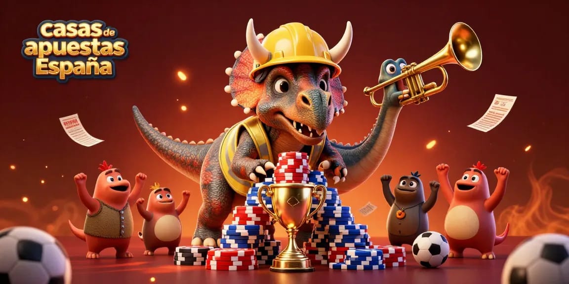 Casas de apuestas España celebrando con un triceratops, creatividad y emoción en la apuesta.