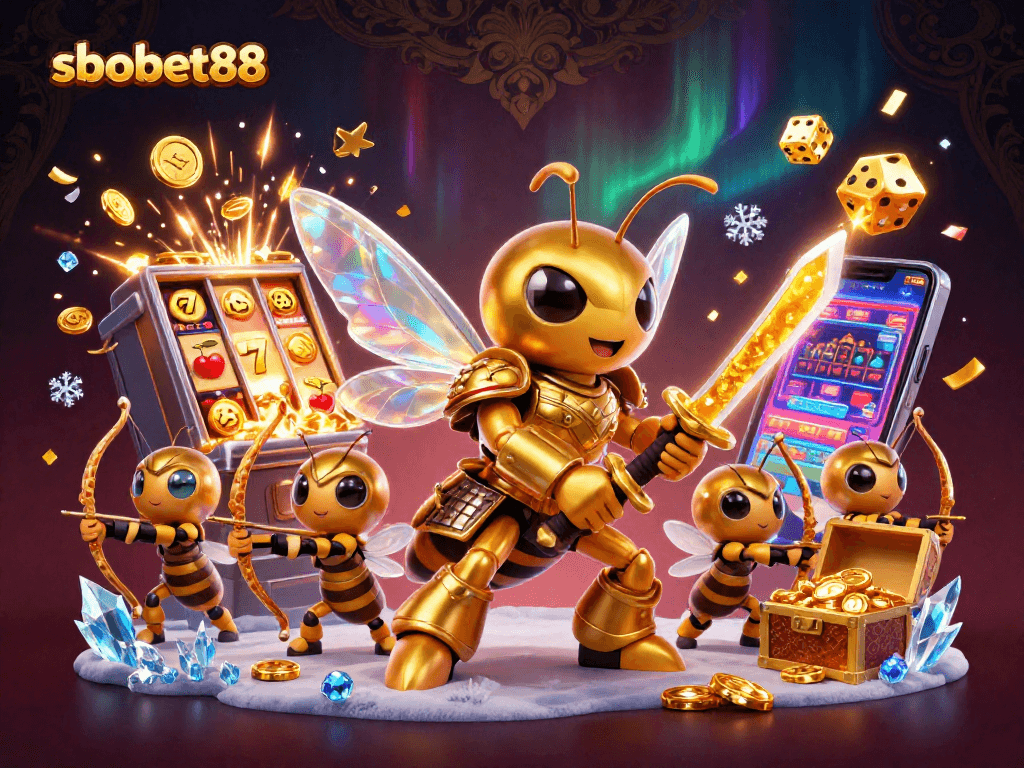 Bet big with sbobet88's colorful 3D illustration of samurai hornet and jackpot symbols.