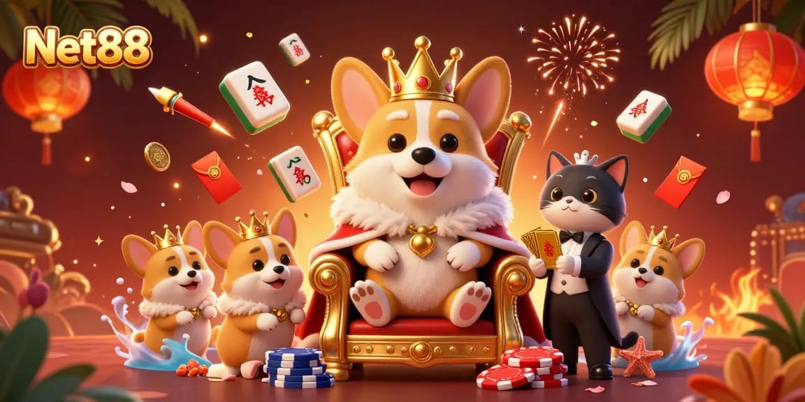 Net88 showcases a royal corgi and cat butler amidst vibrant casino elements and fireworks.