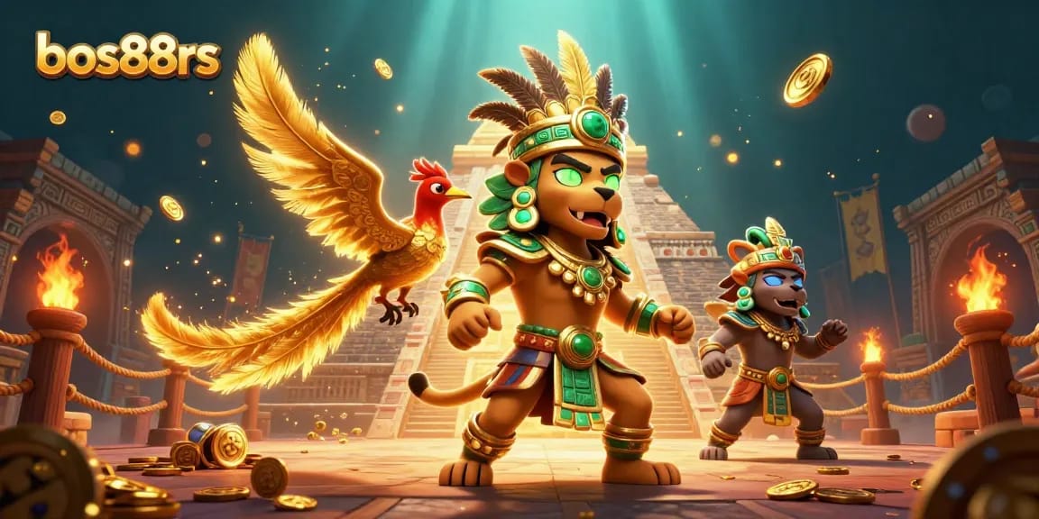 Enjoy thrilling games and bonuses at bos88rs with a vibrant scene featuring Mayan priest and symbols.