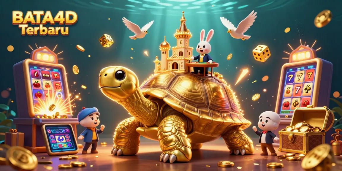 BATA4D Terbaru showcases a vibrant 3D casino scene with animated characters and a jackpot explosion.