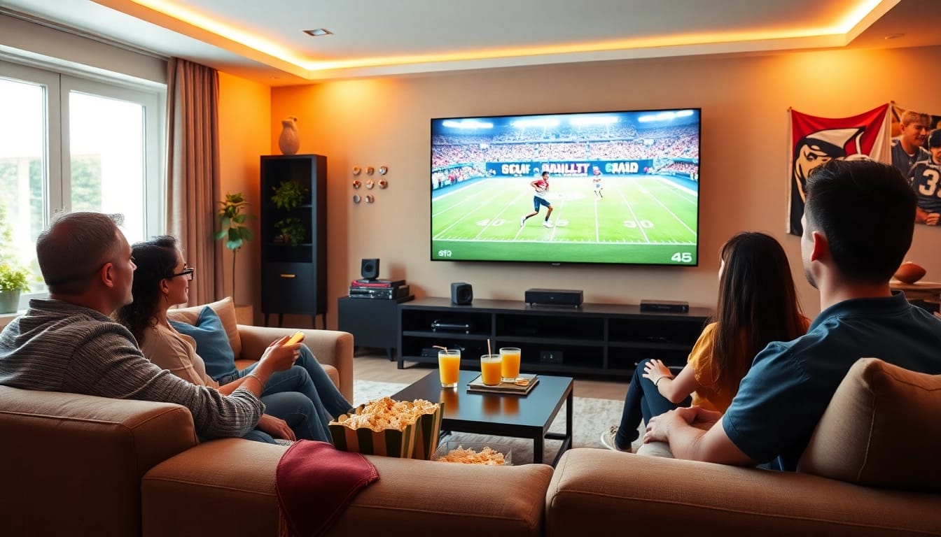 Bersama teman nonton situs nobar di ruang tamu dengan layar besar menampilkan pertandingan sepak bola.