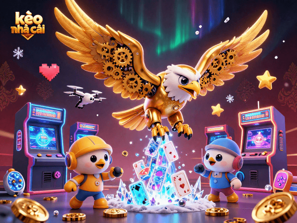 Engage with kèo nhà cái through a vibrant illustration of a cybernetic eagle amidst casino gaming elements.