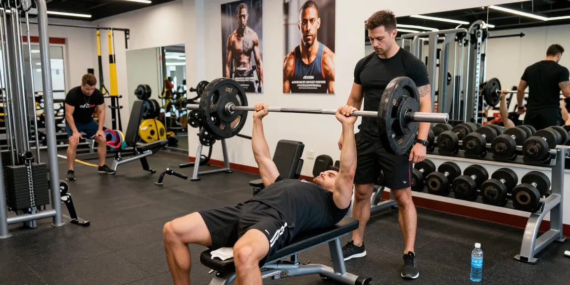 Prime Pharma Steroids in action at the gym with a dedicated athlete bench pressing weights.