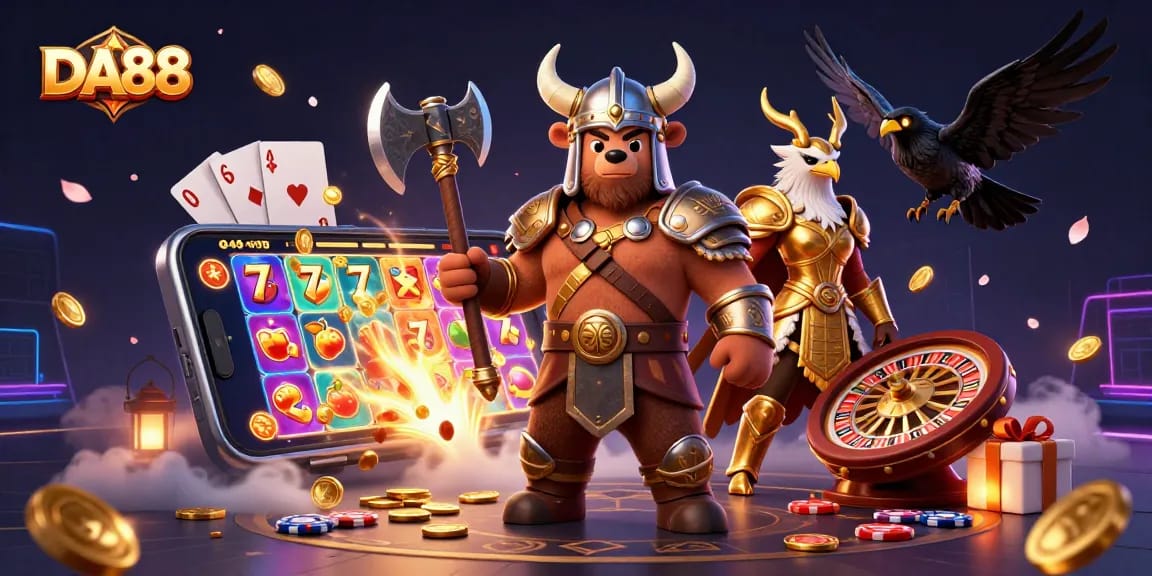 Engage with DA88's vibrant slot game adventure featuring dynamic characters and rich casino elements.