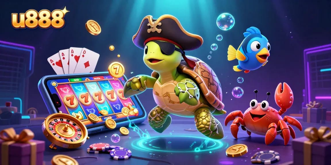 Experience thrilling action at u888 with vibrant games and treasures illustrated by dynamic casino-themed characters.