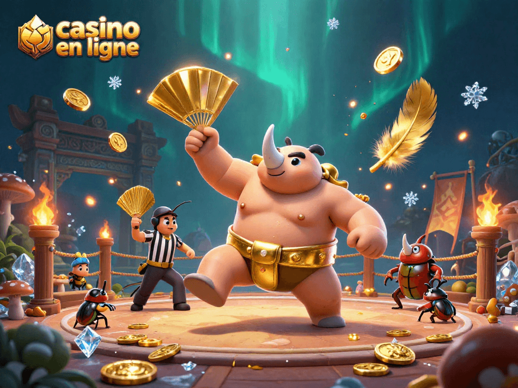 Jouez au casino en ligne avec ce champion scarabée, entouré de pièces d'or scintillantes et de spectateurs fascinés.