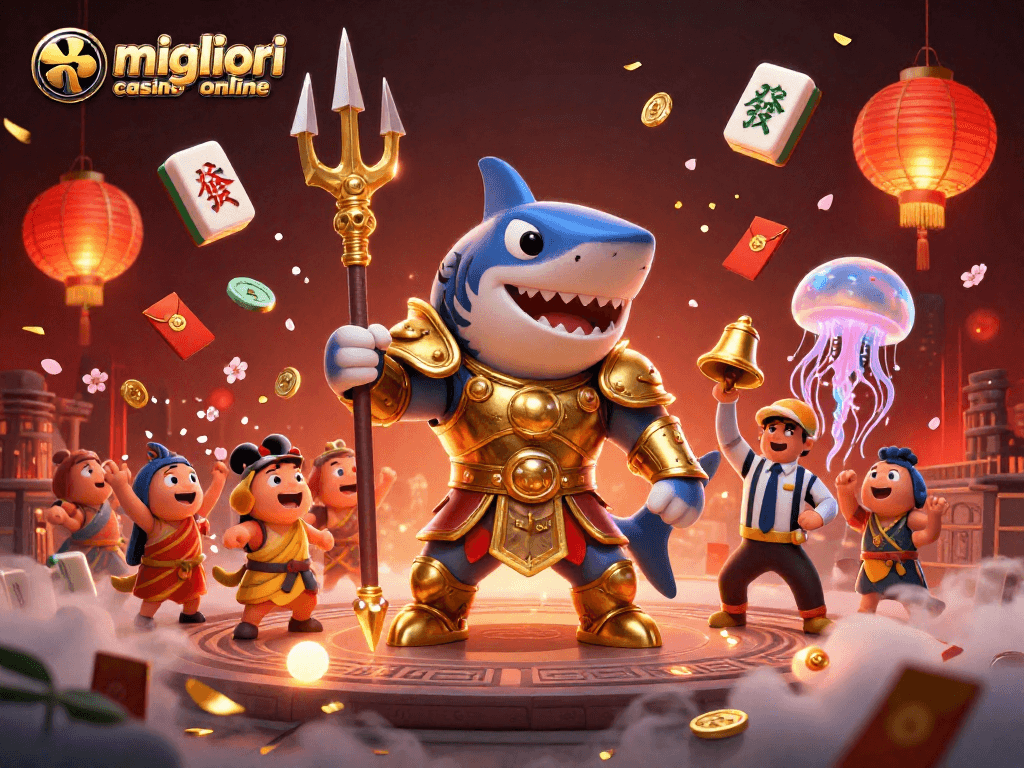 Scopri i migliori casino online con un'immagine vivace di un squalo tigre in armatura, trionfante in un'arena sottomarina.
