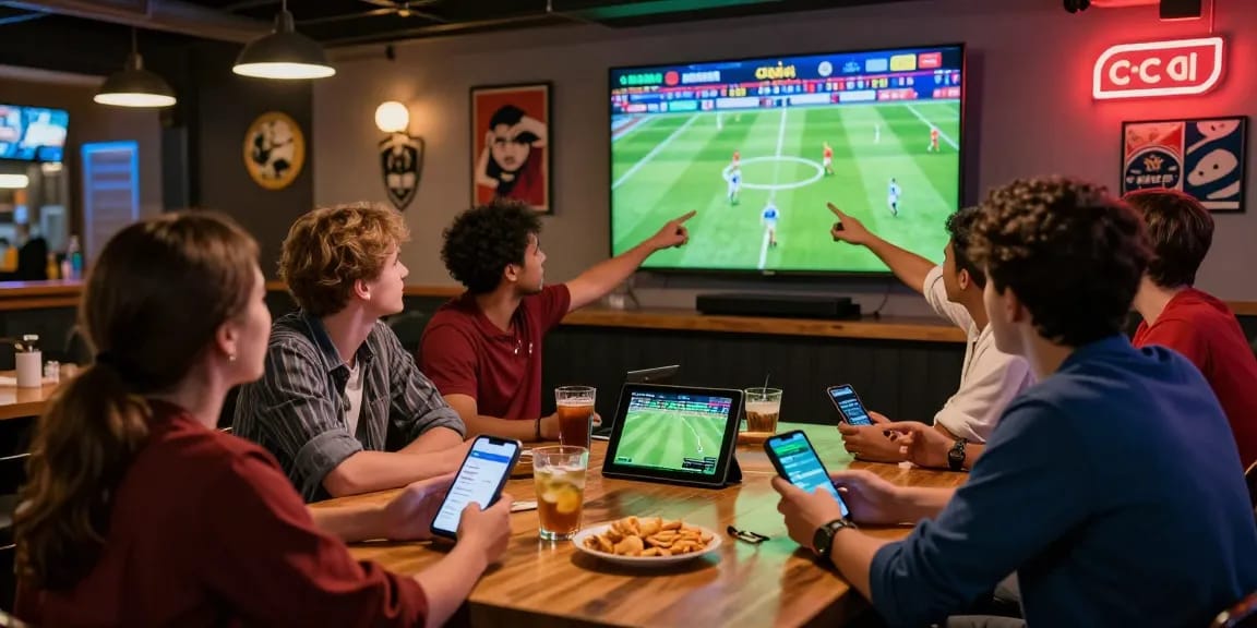 Friends enjoying a lively sports betting atmosphere while placing bets on cika4d during a live soccer match.