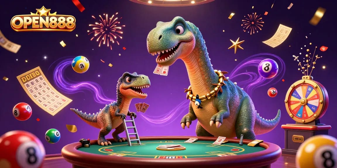 Engage with OPEN888's exciting gaming scene illustrated by a whimsical brontosaurus and clever raptor