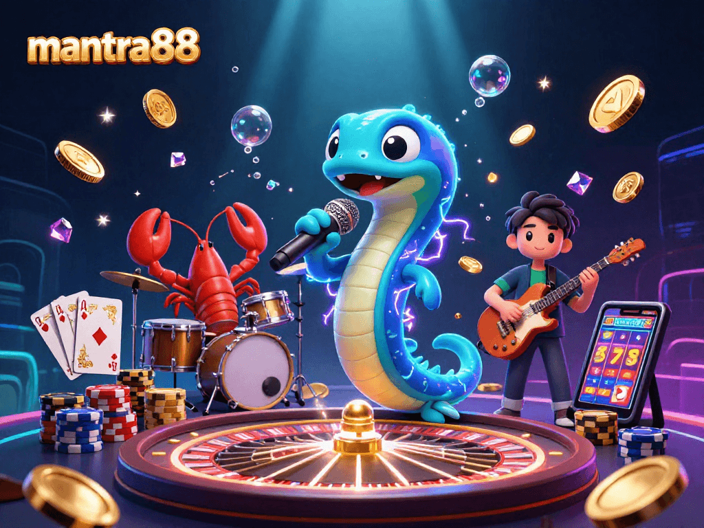 Experience thrilling gameplay with mantra88's underwater casino in this vibrant scene featuring electric eel, lobster drummer, and seahorse guitarist.