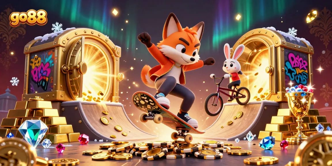 Experience the thrill of go 88 with vibrant casino adventure featuring animated characters and glittering treasures.