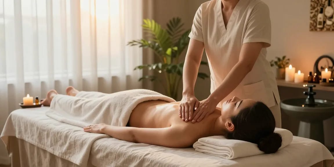 편안한 마사지 중인 스웨디시 마사지 전문가와 아로마 캔들, 푸르고 조용한 분위기에서의 마사지 모습