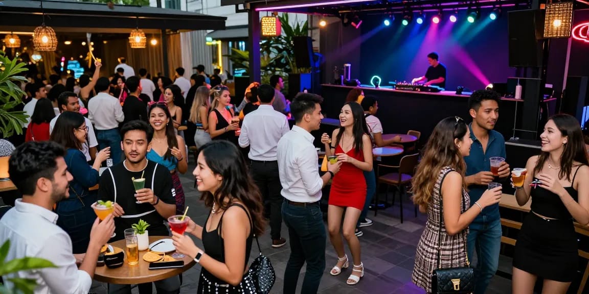Exciting nightlife scene at a 유흥사이트 with lively patrons enjoying drinks and music outdoors.
