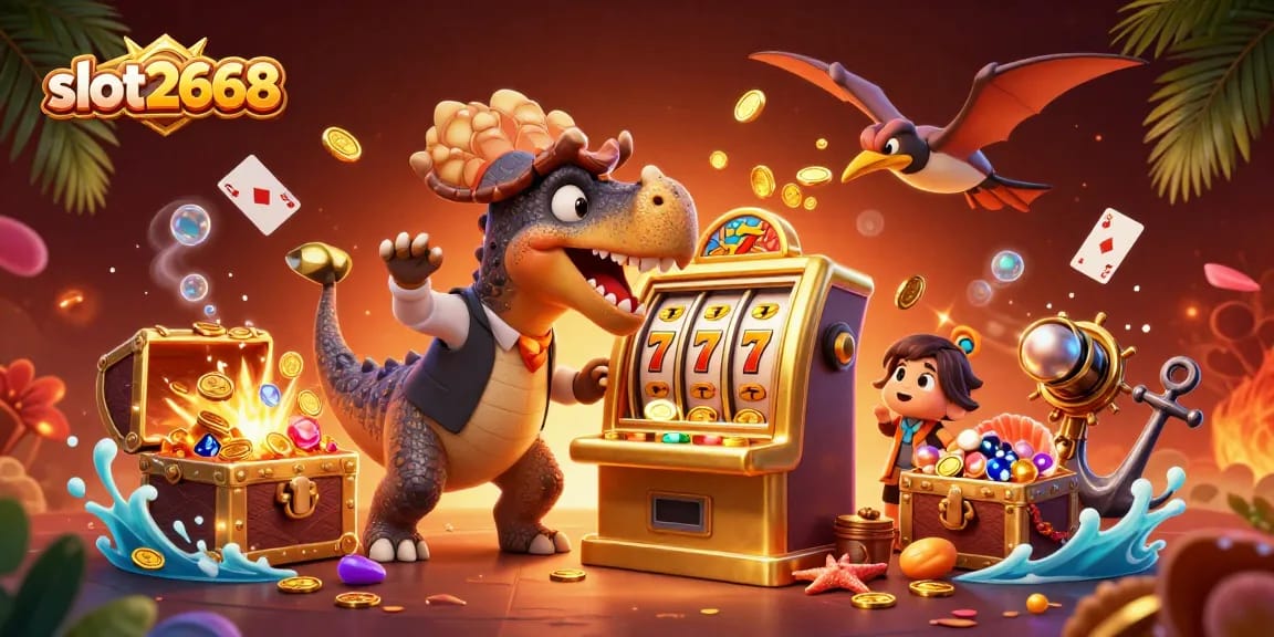 Experience the excitement of slot2668 as a pachycephalosaurus triggers a jackpot, surrounded by vibrant casino elements.
