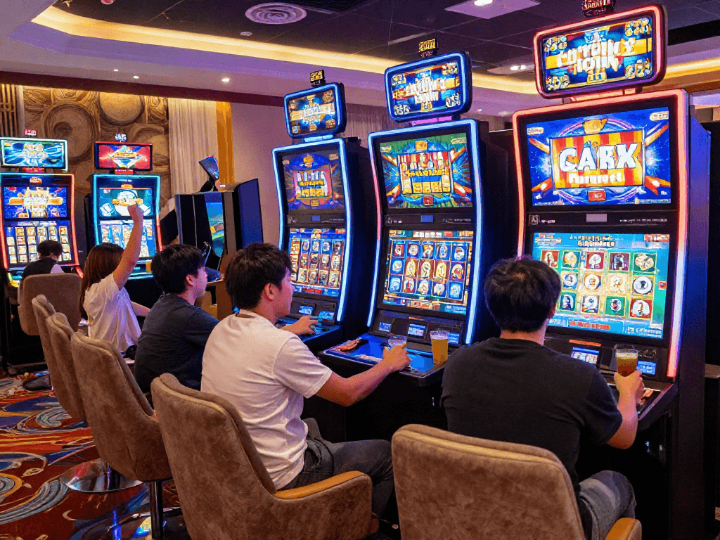 Pengalaman bermain slot88 di kasino online dengan pemain antusias dan grafis warna-warni.