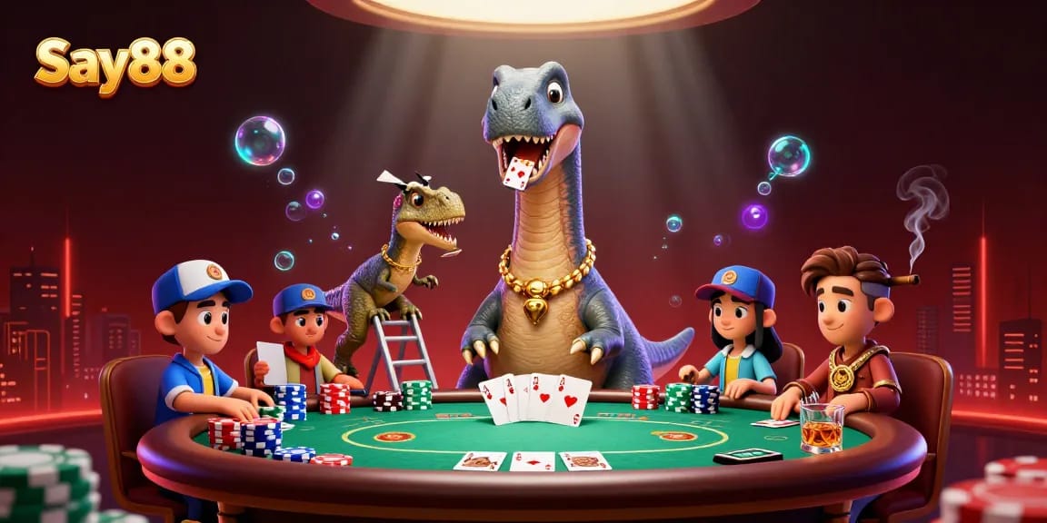 Experience thrilling poker action with Say88, featuring a dinosaur dealer and vibrant casino atmosphere.