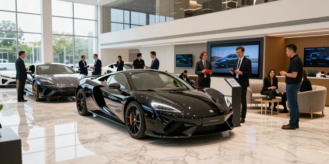 Pengalaman mobil mewah di showroom LUXURY 777 dengan mobil premium dan suasana elegan.