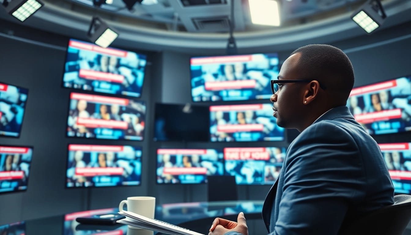 Report on Nigerian Newspaper Headlines in a busy newsroom setting with a focused journalist.