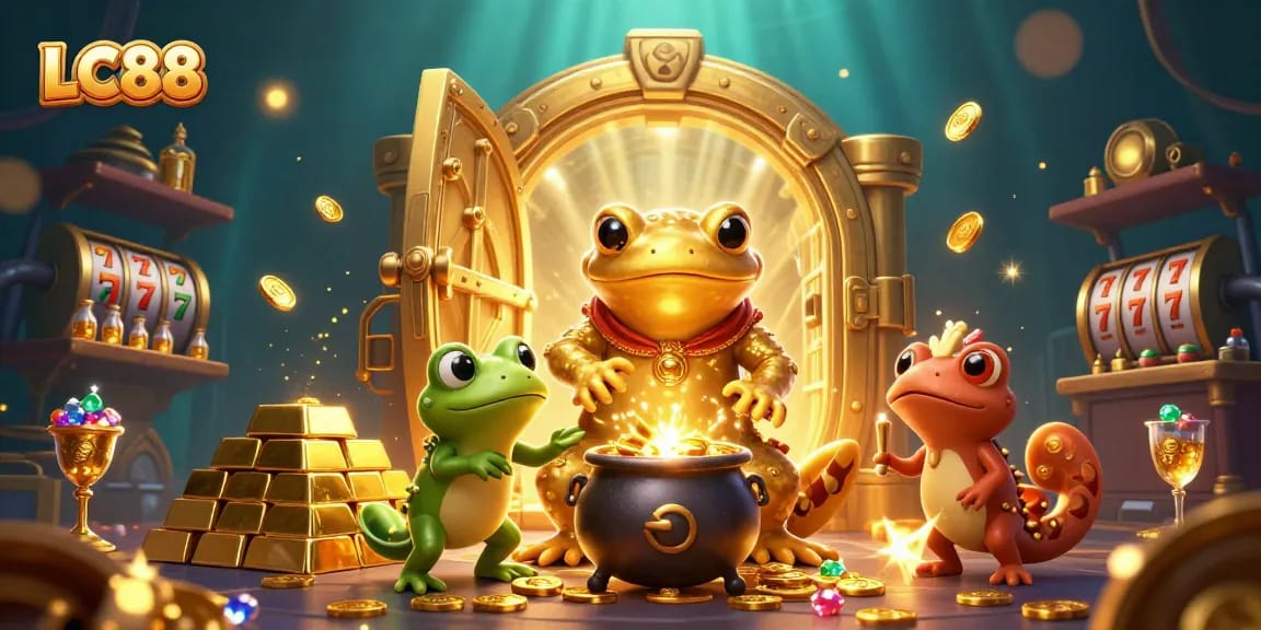 Experience the magic of LC88 as golden treasures and vibrant casino elements burst into life.