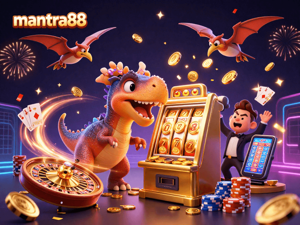Experience the thrill of mantra88 with a joyful pachycephalosaurus winning jackpots at a casino!
