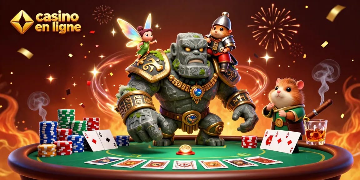 Illustration captivante représentant un golem de casino en ligne avec des cartes de poker et des jetons colorés.