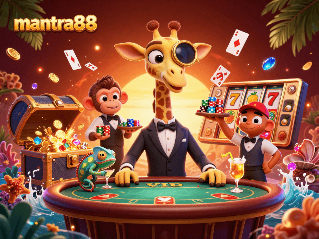 Experience mantra88 excitement with a high-roller giraffe and vibrant slot elements in this 3D illustration.