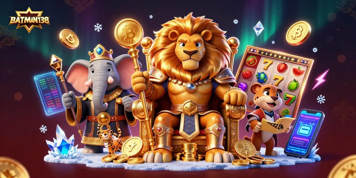 BATMAN138 menampilkan raja singa 3D dan simbol slot dalam ilustrasi slot online yang menarik.