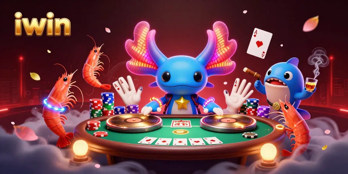 Experience iwin excitement with this vibrant casino scene featuring lively characters and poker elements.