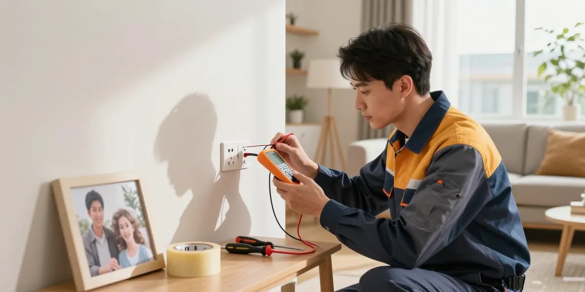 Electrical repair Stevens Point technician inspecting outlet in warm home environment.