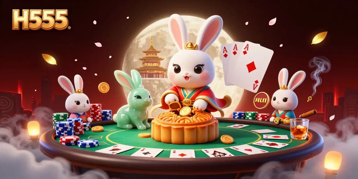 Experience thrilling H555 gaming with a moon rabbit creating poker chips in a vibrant, action-packed scene