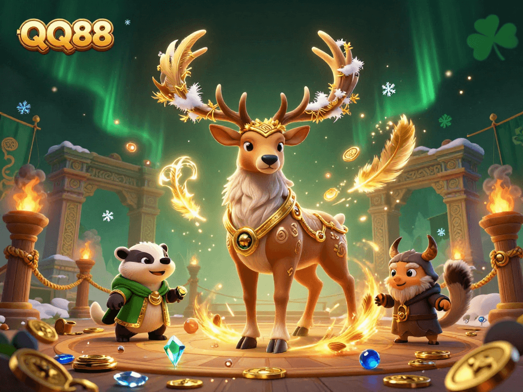 Engage in epic gaming adventures at QQ88 with vibrant casino elements and mystical characters.