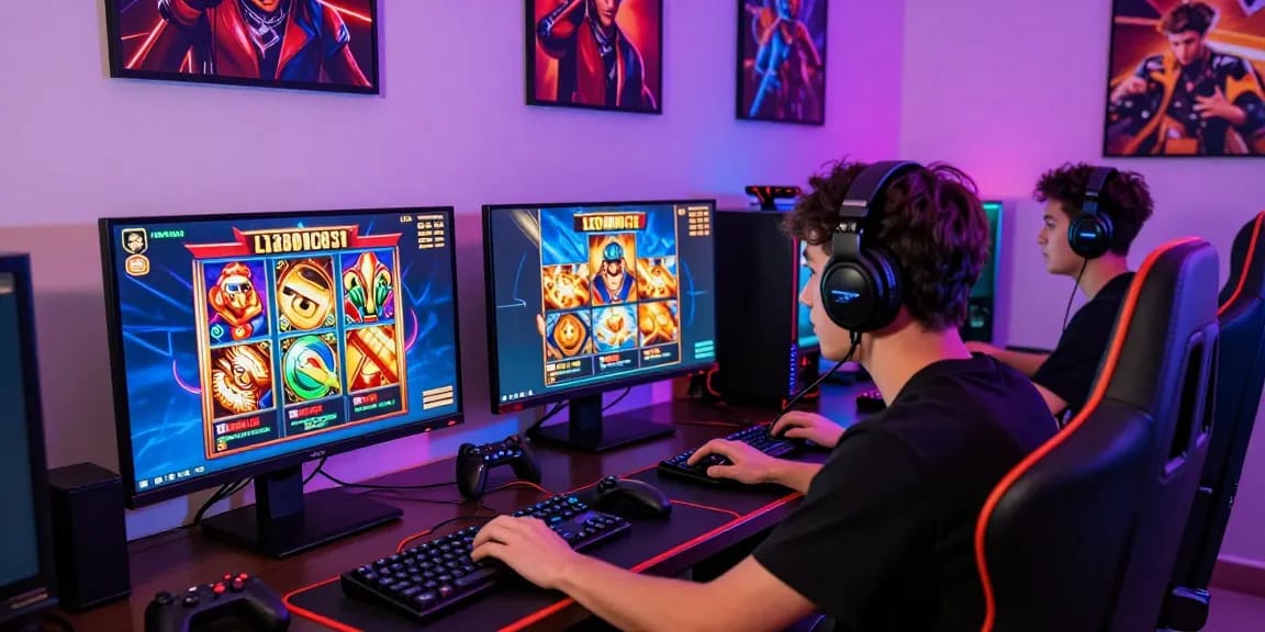 M98 สล๊อตเว็บตรง gaming scene with player immersed in vibrant online slot games.