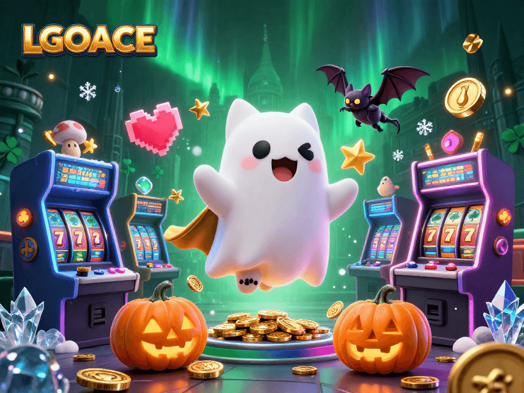 LGOACE showcases a ghost cat and vampire bat in a haunted casino mansion filled with slot machines.