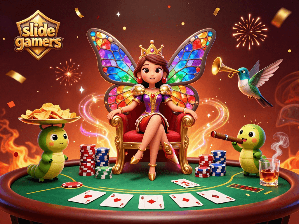 Experience thrilling gameplay with slidegamers, featuring a dynamic poker scene and delightful cartoon characters.