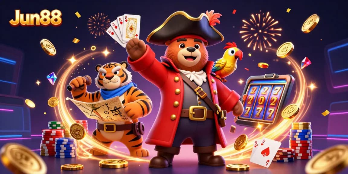 Jun88 offers exciting gaming experiences with vibrant cartoon pirates and rich casino elements.