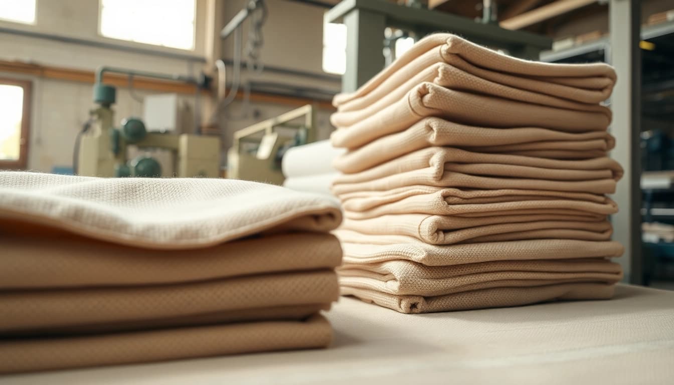 Katoen stof mooi uitgestald in een textielwerkplaats, benadrukt de rijke texturen en aardse kleuren.