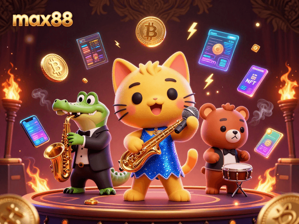 Experience max88 with vibrant casino characters amidst cryptocurrency elements in a lively 3D illustration.