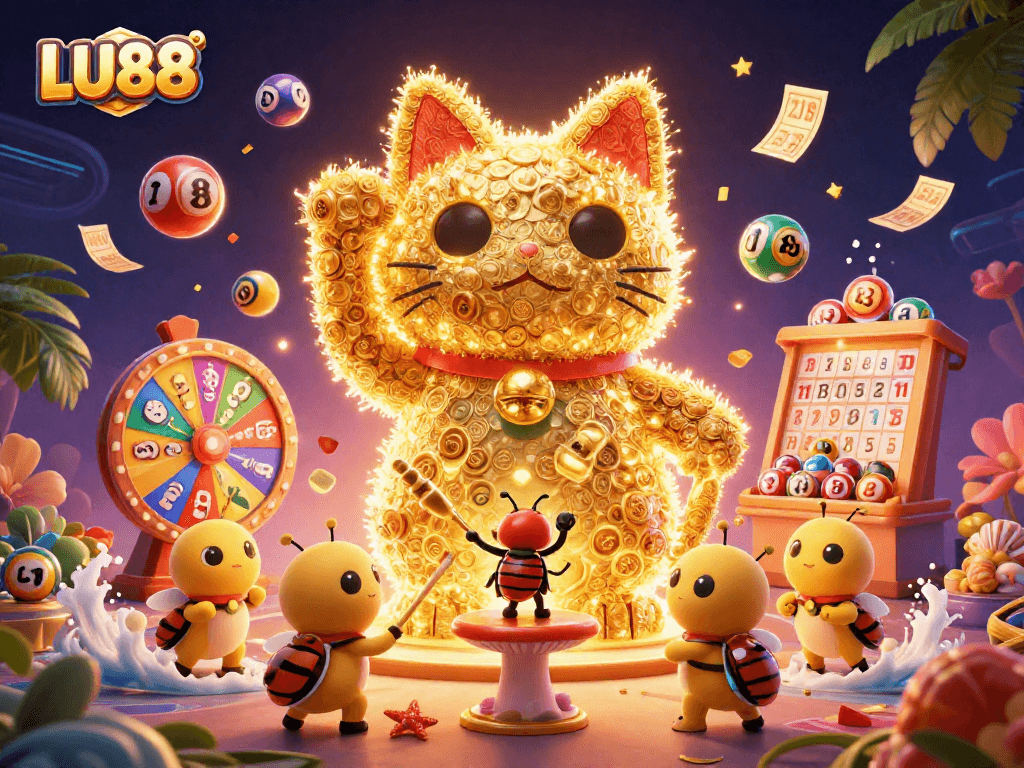LU88 showcases a vibrant casino scene with a golden lucky cat, enhancing your betting experience.