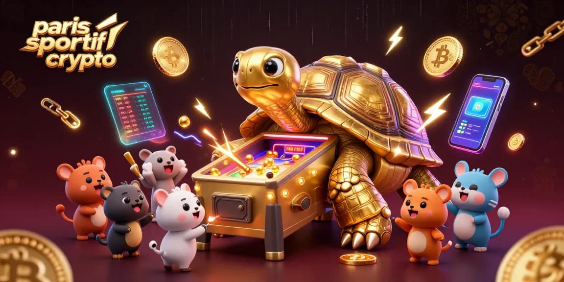 Jouer sur paris sportif crypto avec une tortue dorée et des éléments cryptographiques flottants.