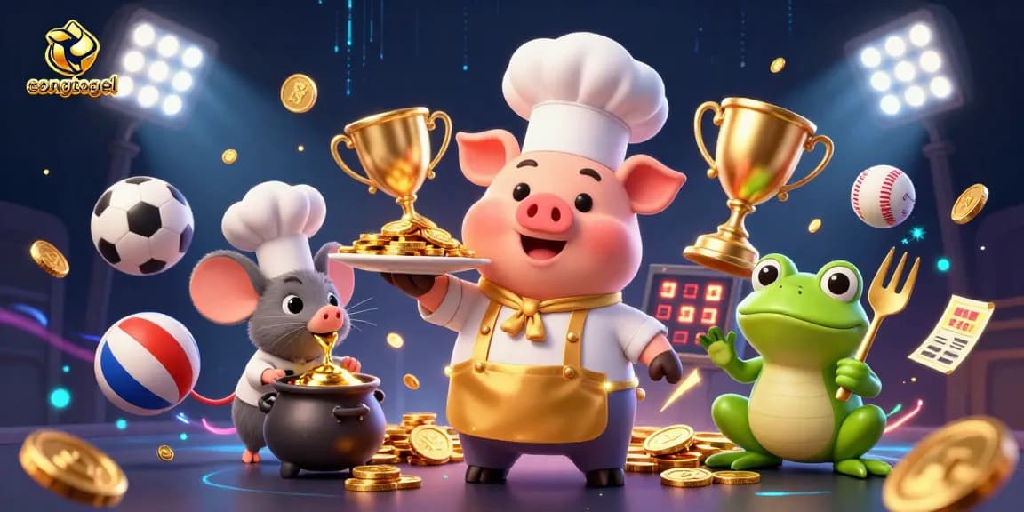Congtogel features a vibrant scene with a pig chef serving gold, symbolizing gaming excitement.